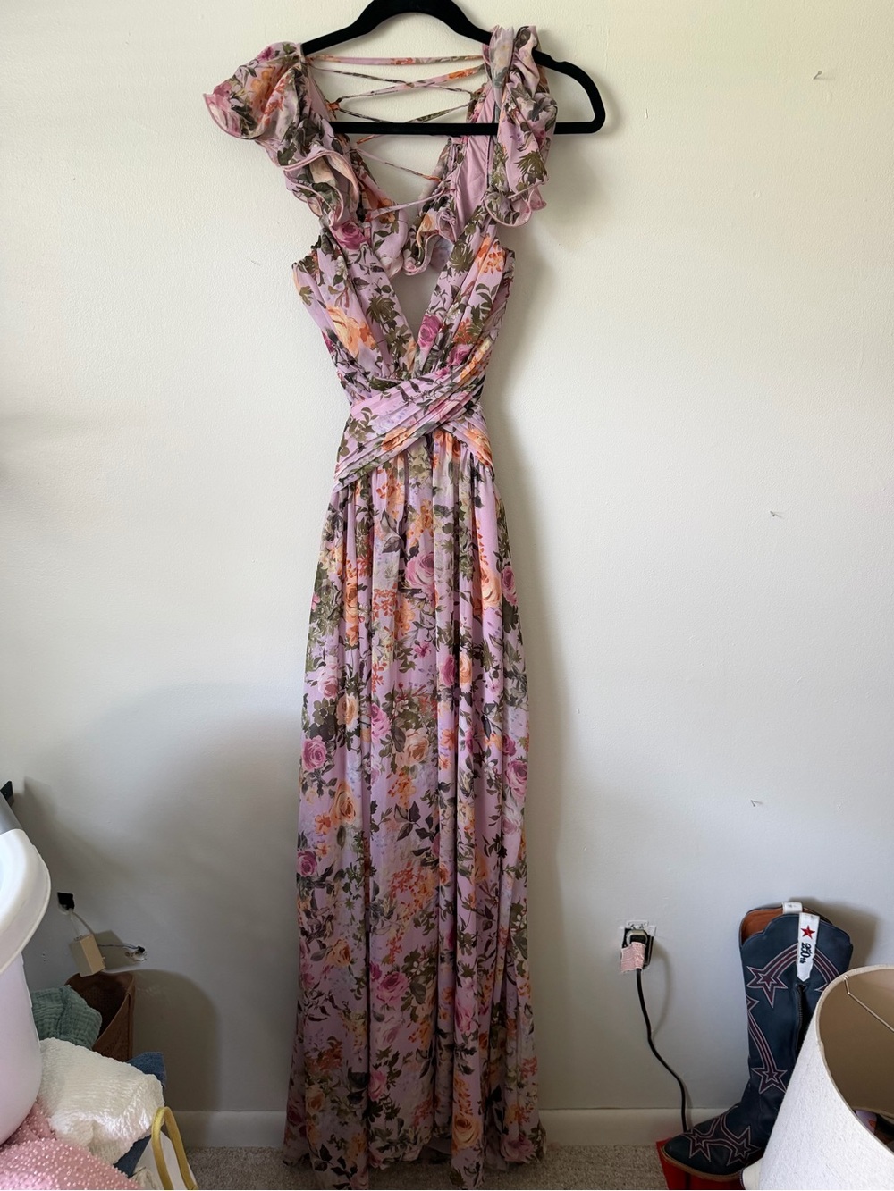 SHEIN Pink Floral Ruffled Maxi Dress